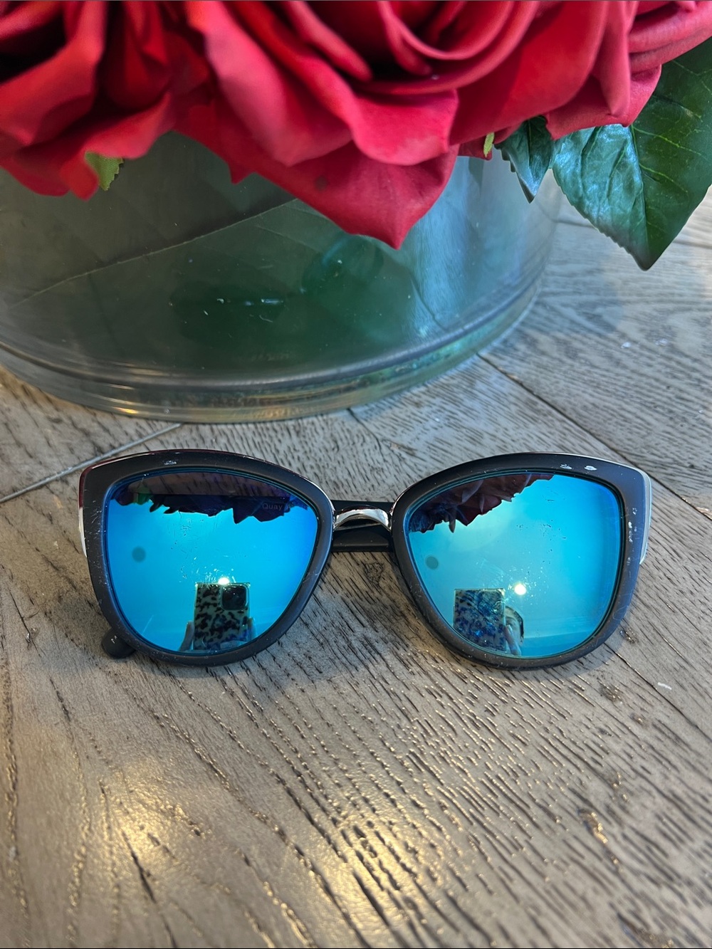 Quay Australia Black Frame Sunglasses with Blue Mirrored Lenses